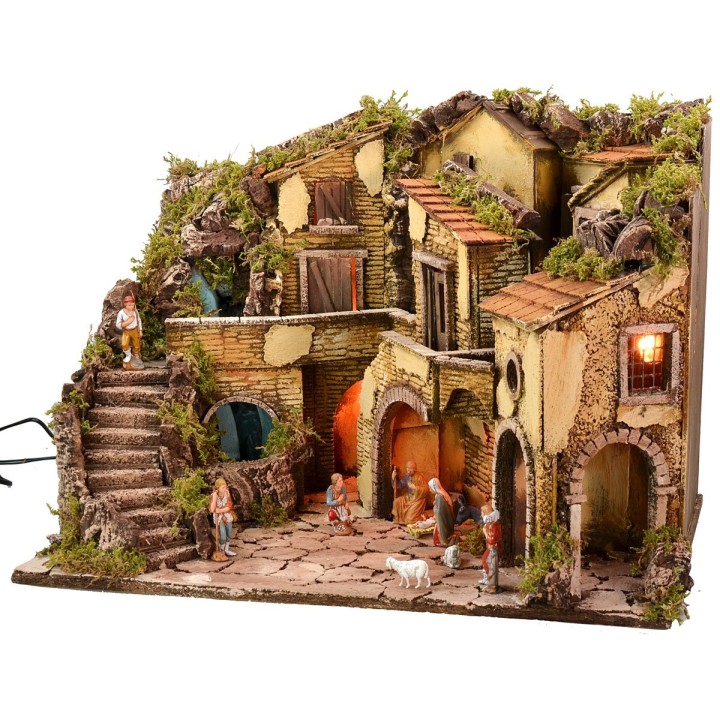 Illuminated nativity scene complete with Landi statues with