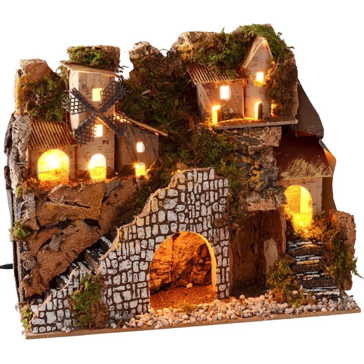 Presepe illuminato con borgo e paesaggio cm 28x15x23 h