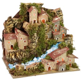 Paesaggio illuminato con ruscello e borgo in lontananza cm