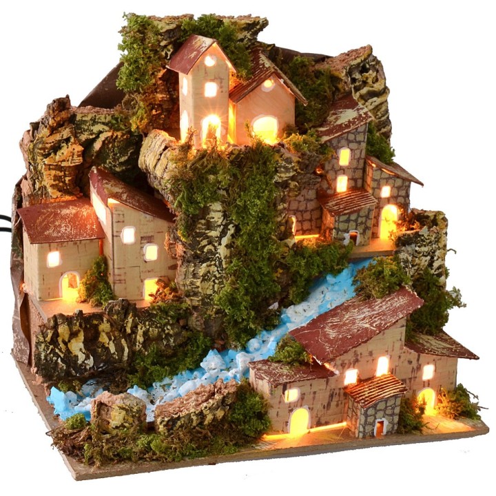 Paisaje iluminado con arroyo y pueblo en la distancia cm