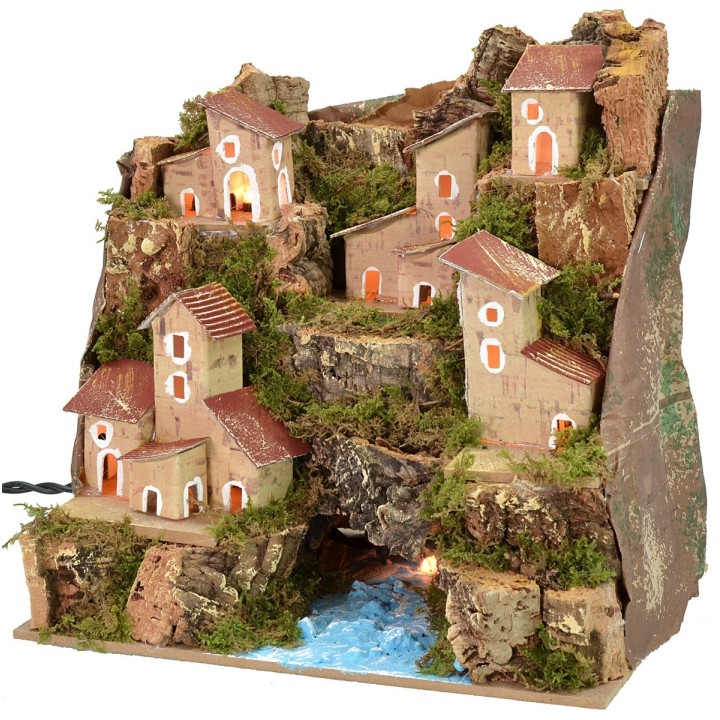 Paesaggio illuminato con fiume e villaggio cm 20x14x18,5 h