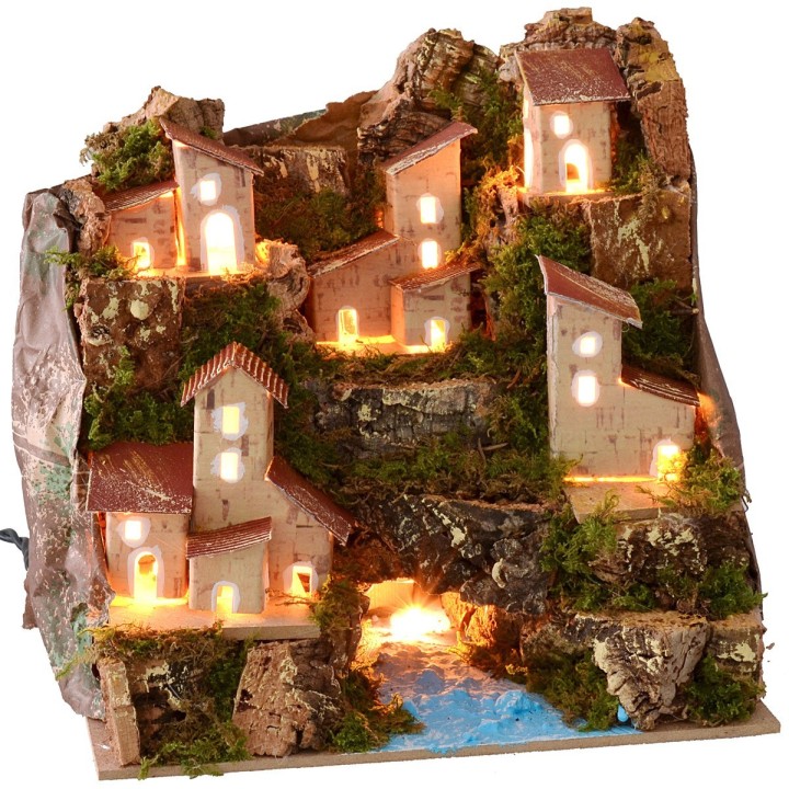 Paesaggio illuminato con fiume e villaggio cm 20x14x18,5 h