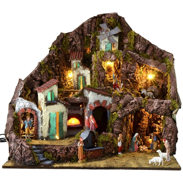 Illuminated nativity scene complete with Landi statues with
