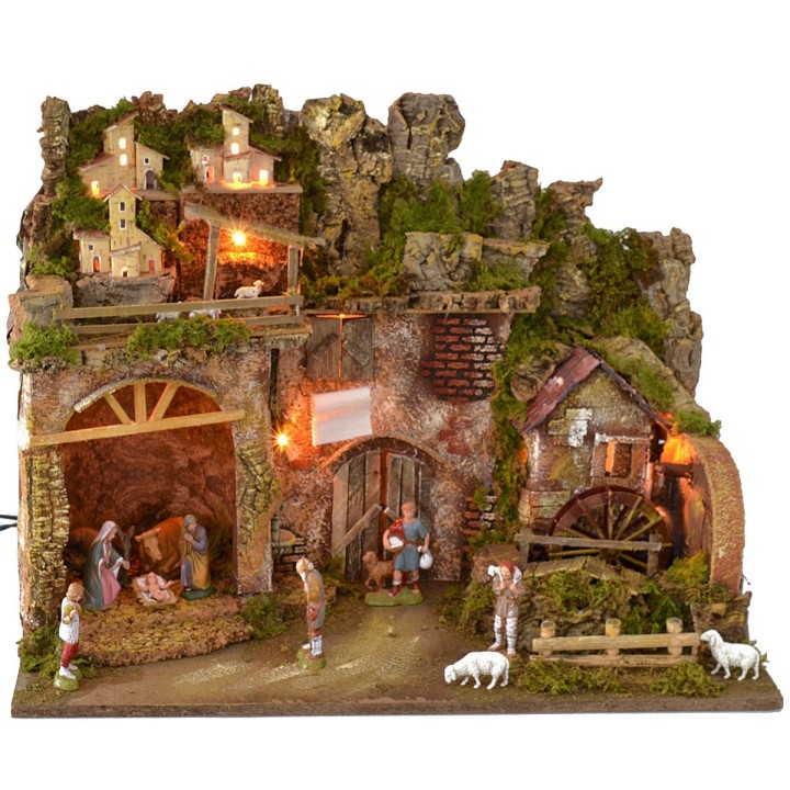 Pesebre iluminado completo con estatuas Landi y molino de agua