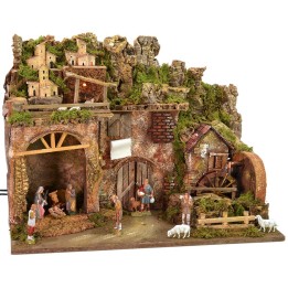 Presepe illuminato completo di statue Landi con mulino ad acqua