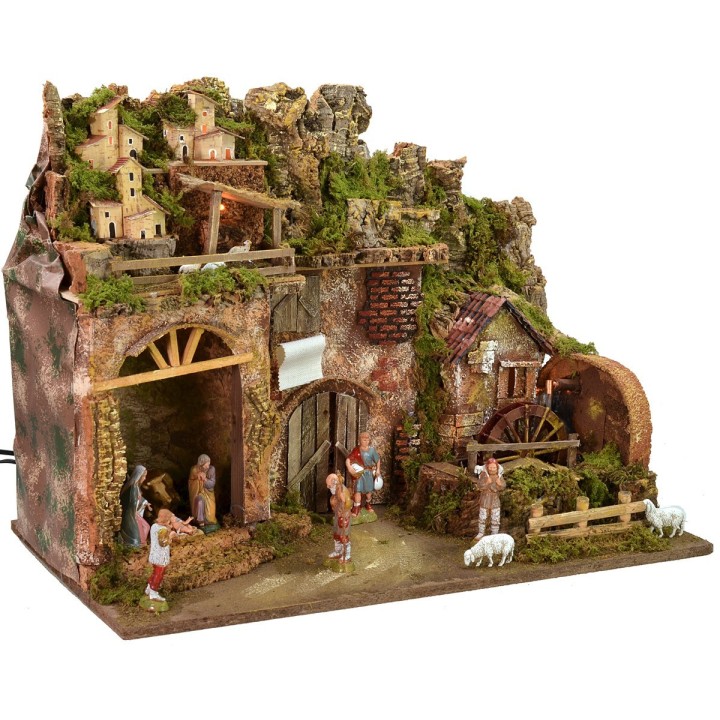Illuminated nativity scene complete with Landi statues with