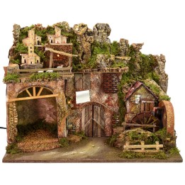 Presepe illuminato con mulino ad acqua funzionante cm 60x34x45 h
