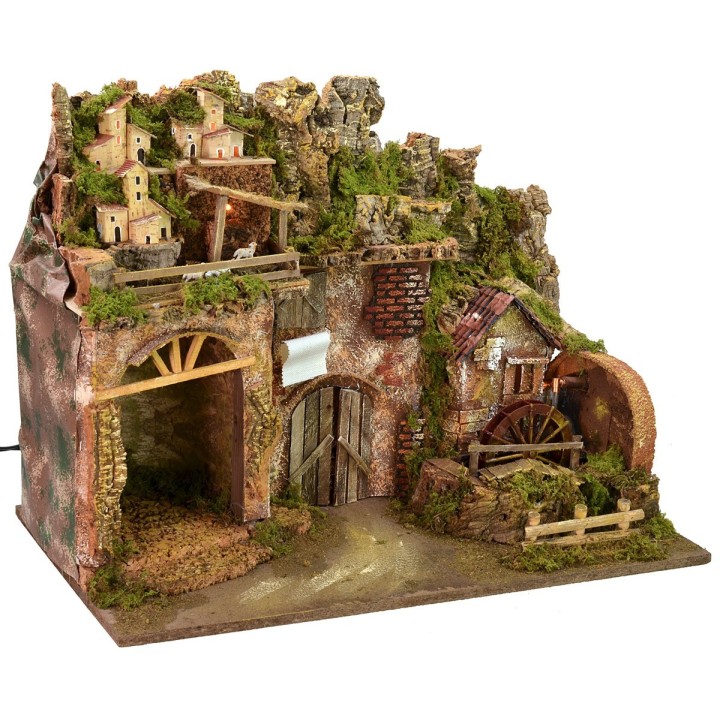 Presepe illuminato con mulino ad acqua funzionante cm 60x34x45 h