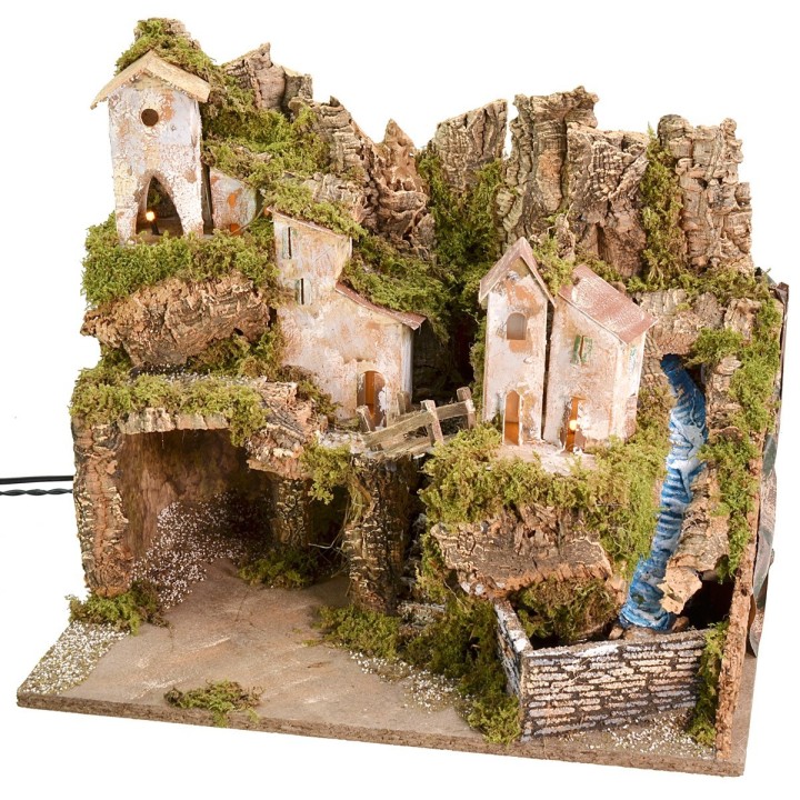 Belén con paisaje, luces y cascada funcional de 45x31x39 cm h