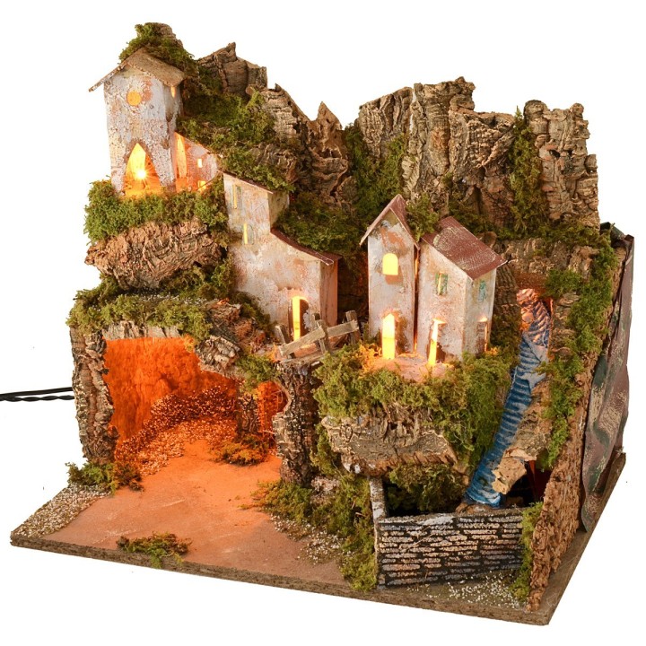 Presepe con paesaggio, luci e cascata funzionante cm 45x31x39 h