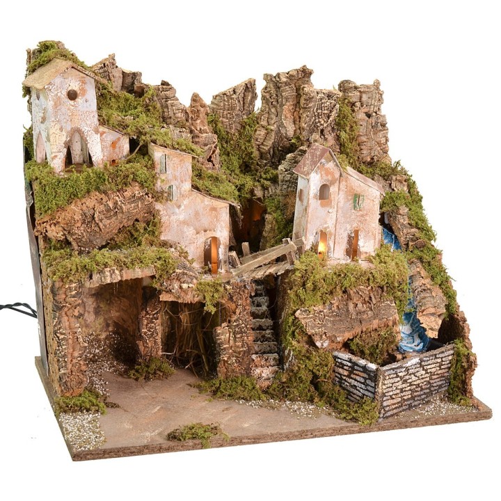 Belén con paisaje, luces y cascada funcional de 45x31x39 cm h
