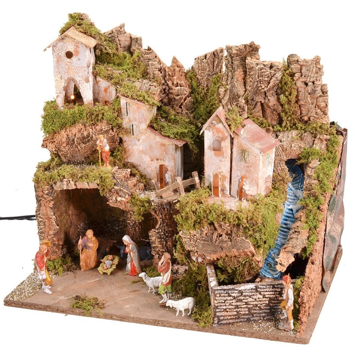 Belén completo de figuras Landi con luces y cascada funcional