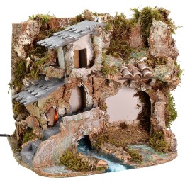 Belén con cueva, casa y fuego funcionando de 37x26,5x30 cm h