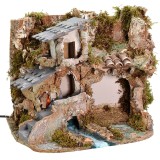 Belén con cueva, casa y fuego funcionando de 37x26,5x30 cm h