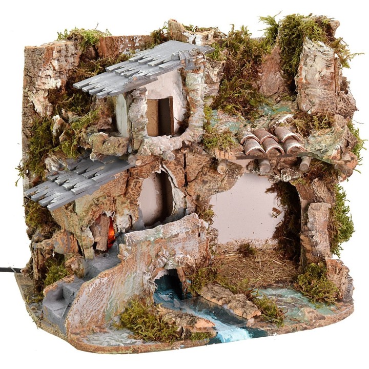 Belén con cueva, casa y fuego funcionando de 37x26,5x30 cm h