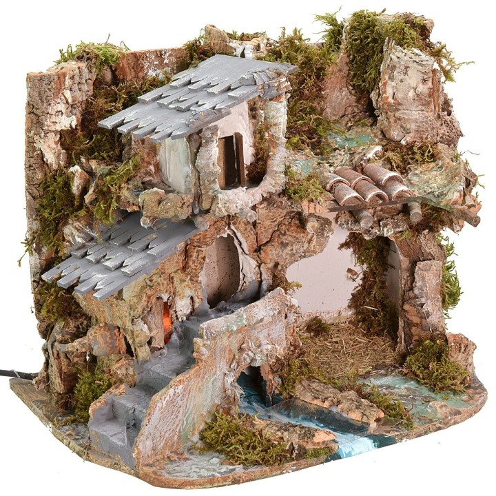 Belén con cueva, casa y fuego funcionando de 37x26,5x30 cm h