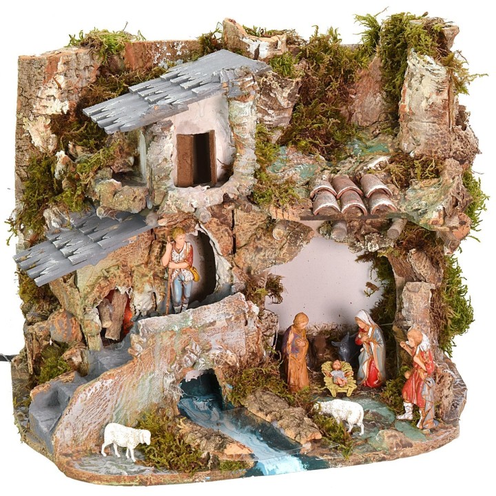 Nativity scene with statues Landi series 8 cm with working fire