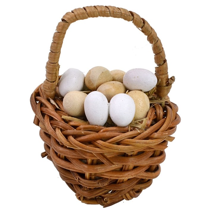 Dark wicker basket with assorted eggs ø 4,4x5,2 h cm