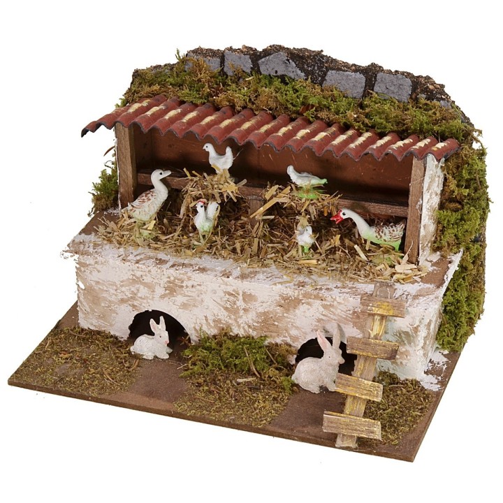Gallinero con gallinas y conejos 20x14x13 h cm