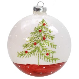 White-red bauble with Christmas tree ø 7 cm
