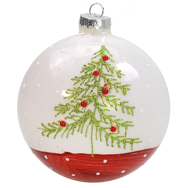 Pallina bianco-rossa con albero di Natale ø 7 cm