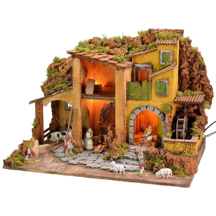 Presepe illuminato completo di statue Landi con mulino ad acqua