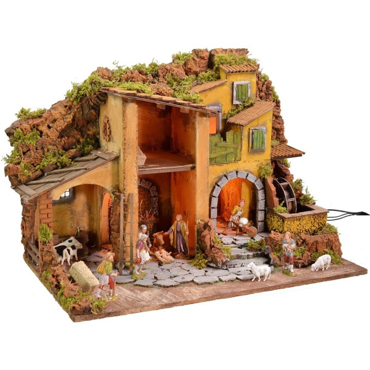 Presepe illuminato completo di statue Landi con mulino ad acqua
