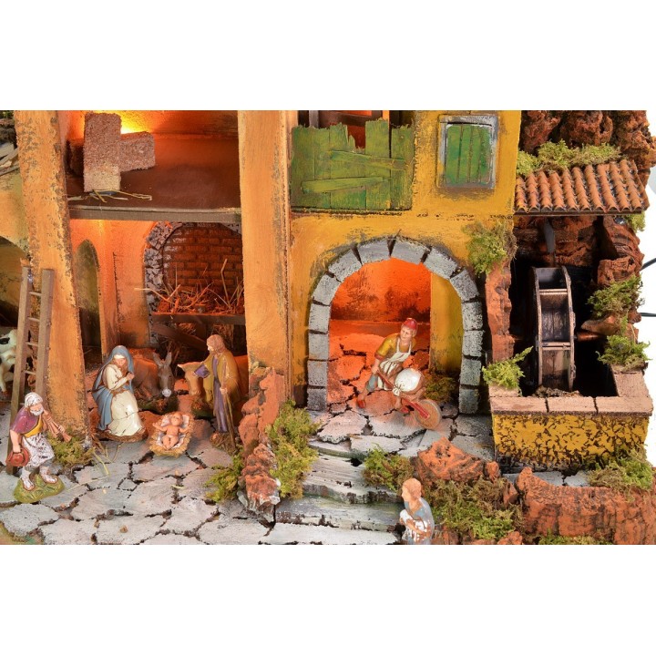 Presepe illuminato completo di statue Landi con mulino ad acqua