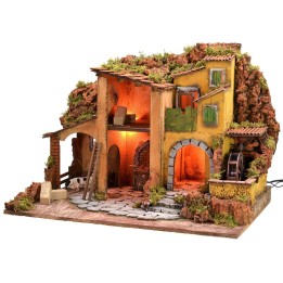 Illuminated nativity scene with working water mill cm 61x40x44 h
