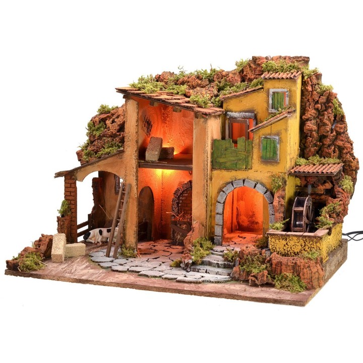 Belén iluminado con molino de agua funcional de 61x40x44 cm h