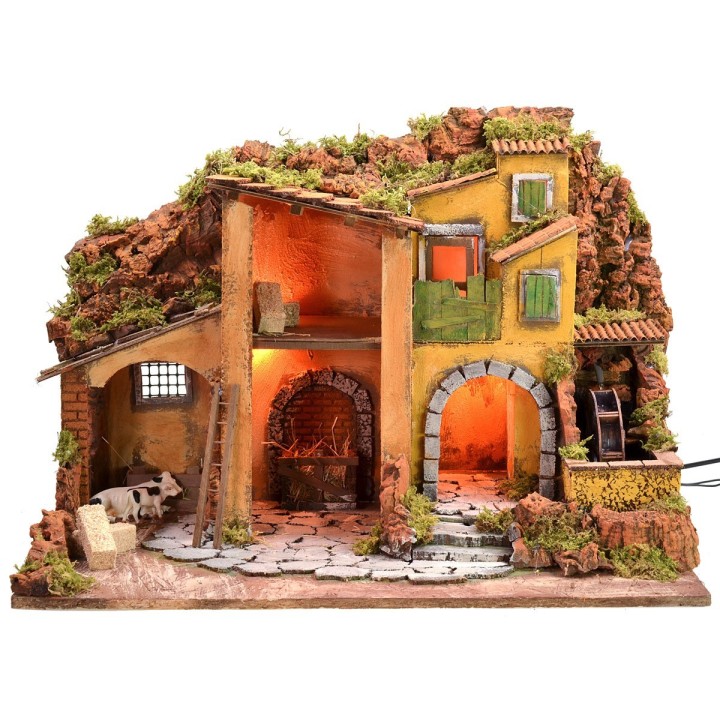 Presepe illuminato con mulino ad acqua funzionante cm 61x40x44 h