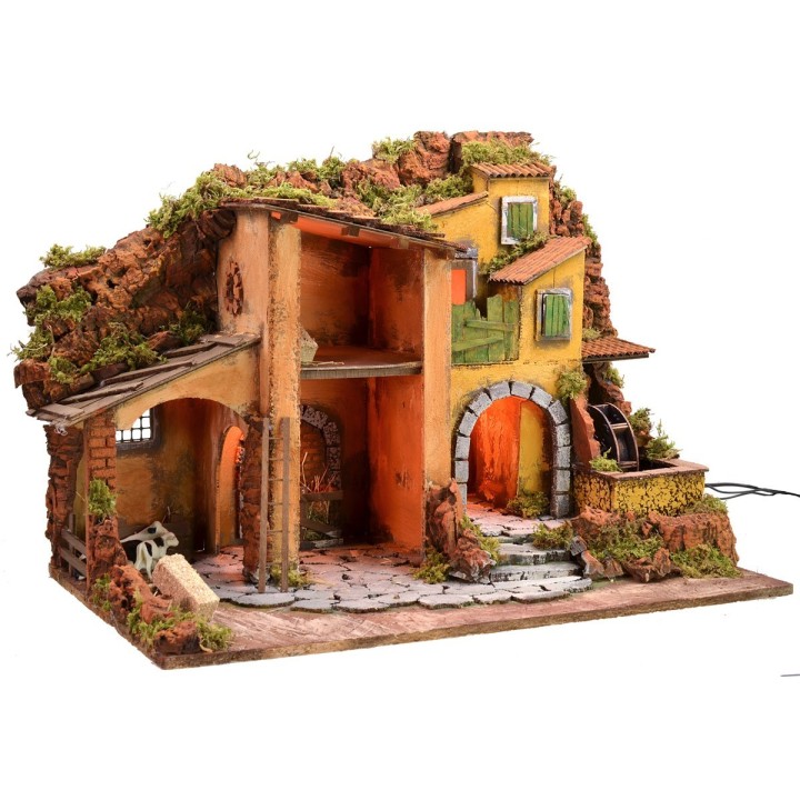 Belén iluminado con molino de agua funcional de 61x40x44 cm h