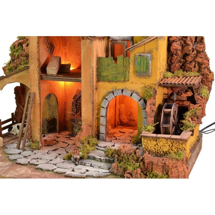Belén iluminado con molino de agua funcional de 61x40x44 cm h