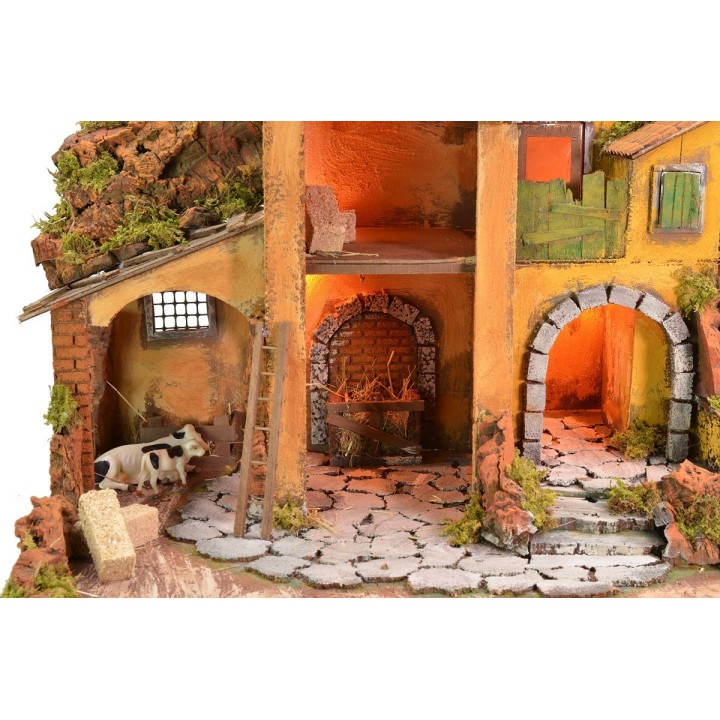 Presepe illuminato con mulino ad acqua funzionante cm 61x40x44 h