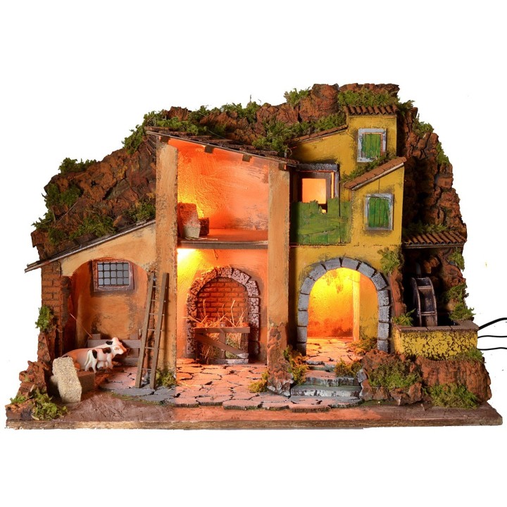 Belén iluminado con molino de agua funcional de 61x40x44 cm h
