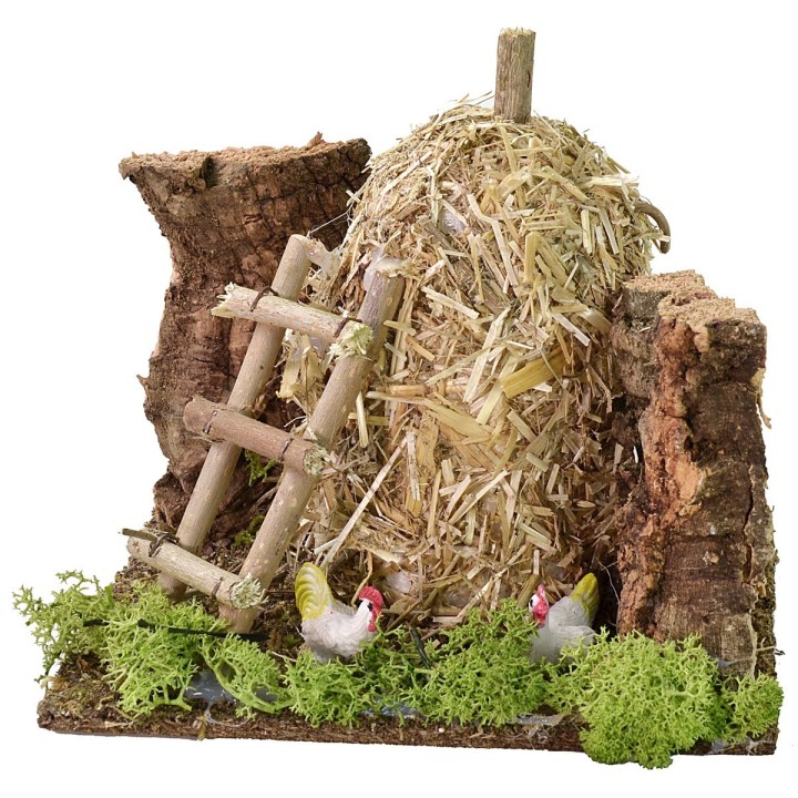 Pagliaio con galline per presepe cm 16x14x15 h