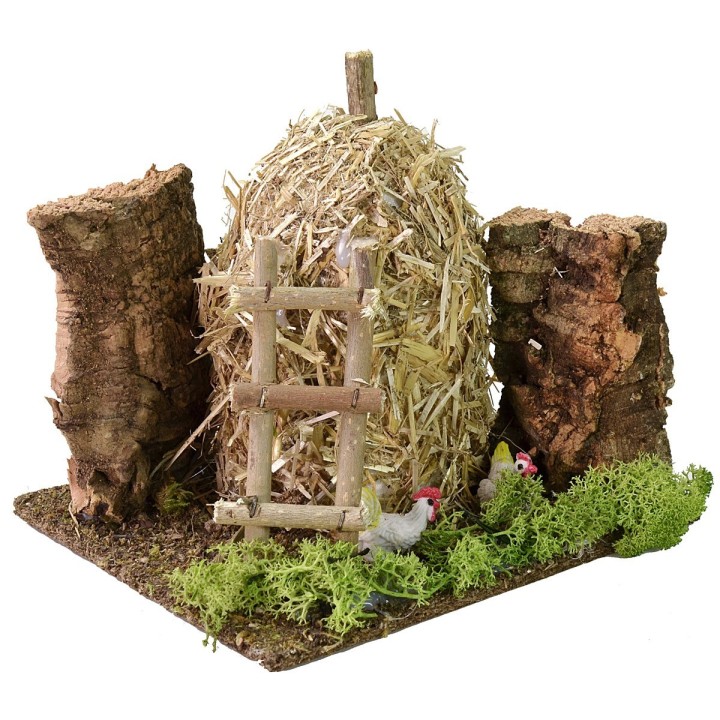 Pagliaio con galline per presepe cm 16x14x15 h