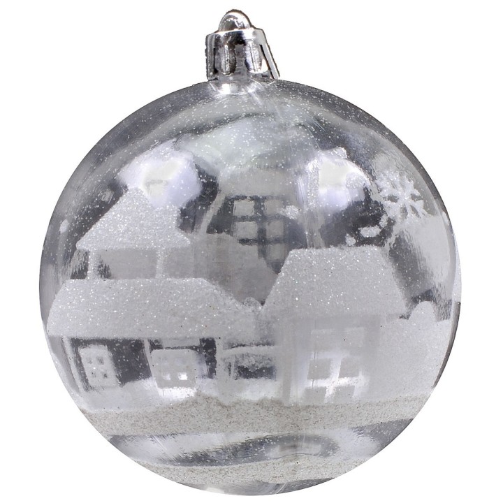 Pallina trasparente con decori bianco e glitter ø 8 cm