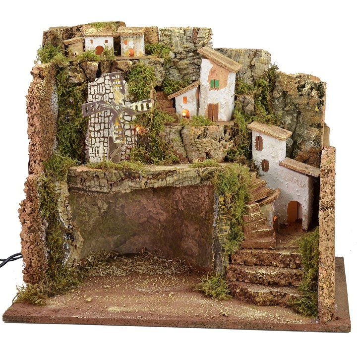 Pesebre iluminado con molino de viento de 45x30x37,5 cm h