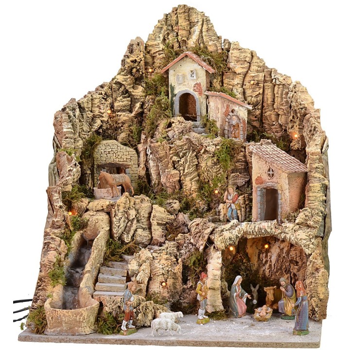 Presepe illuminato con asino alla macina completo di statue