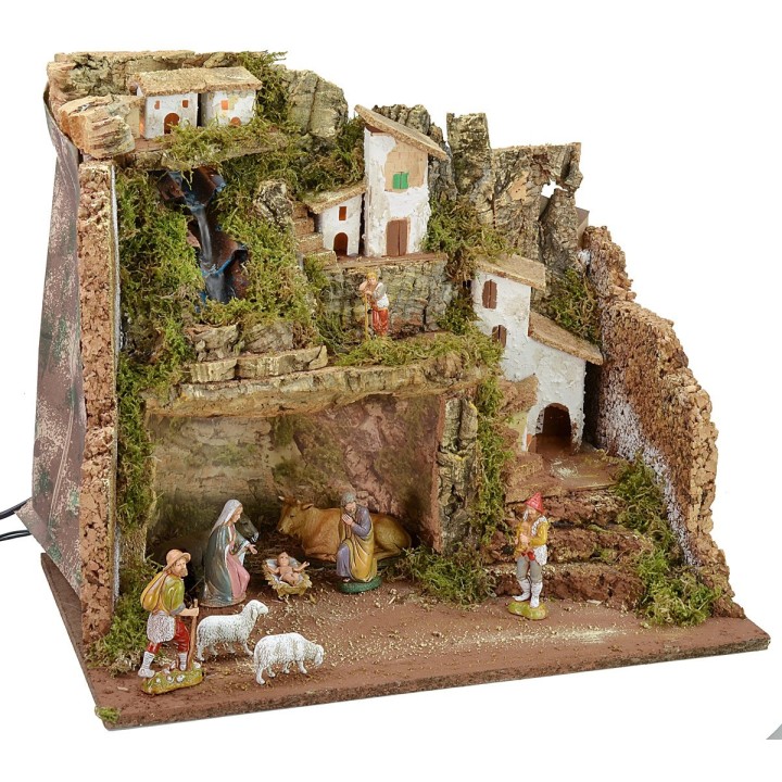 Pesebre iluminado completo con estatuas Landi con cascada de