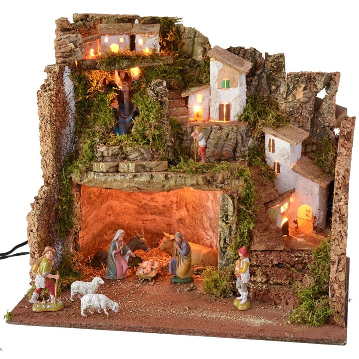 Pesebre iluminado completo con estatuas Landi con cascada de