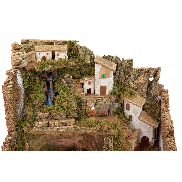Pesebre iluminado completo con estatuas Landi con cascada de