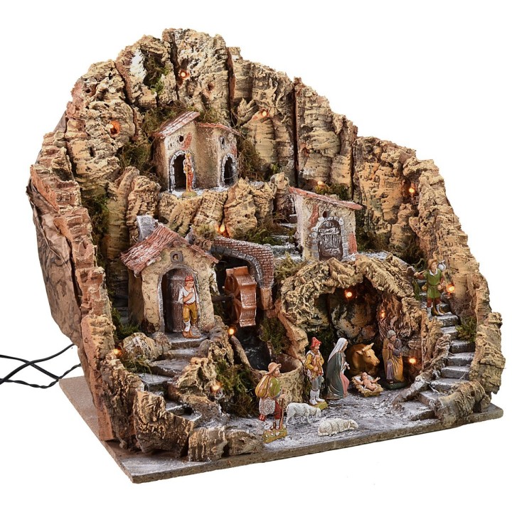 Presepe illuminato con mulino ad acqua completo di statue Landi