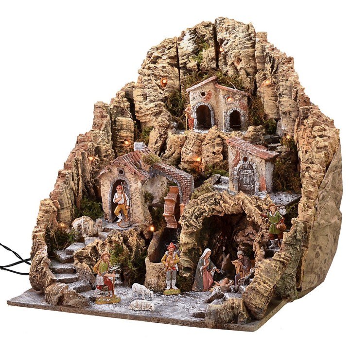 Illuminated nativity scene with water mill complete with Landi