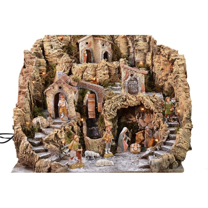 Presepe illuminato con mulino ad acqua completo di statue Landi