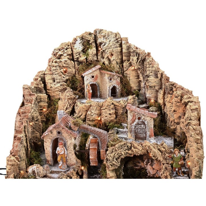 Illuminated nativity scene with water mill complete with Landi