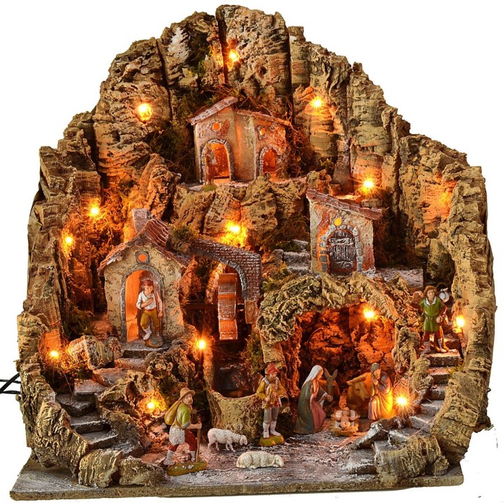 Pesebre iluminado con molino de agua completo con estatuas