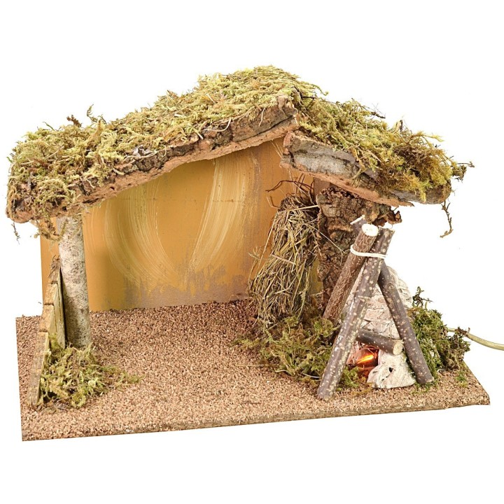 Cabaña para belén con fuego funcional de 37,5x23x24 cm h