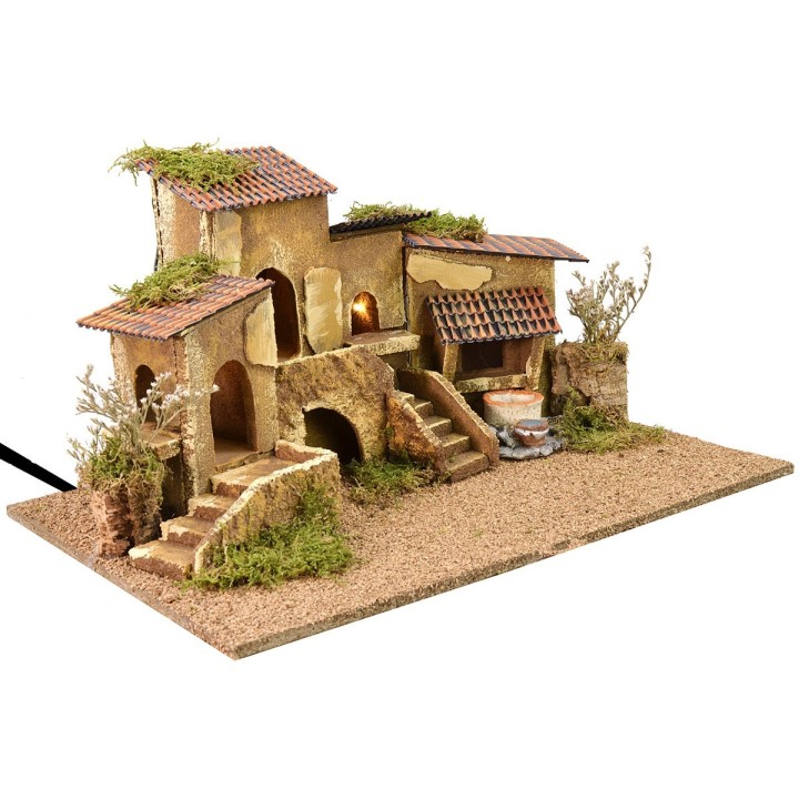 Gruppo di case con pozzo illuminate a corrente cm 47x32x24,5 h